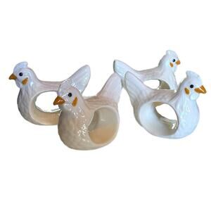 Vtg White Ceramic Rooster Chicken Napkin Rings Holder Set of 4 Farmhouse Decor